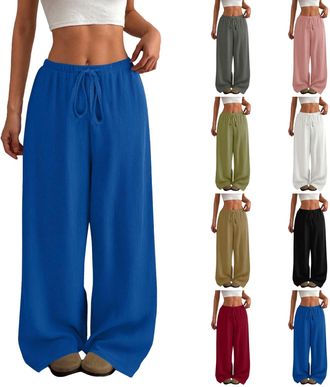 Generic Ladies Summer Trousers Elasticated Waist Palazzo Flared Long Pants Casual Drawstring High Waisted Straight Wide Leg Lounge Bottoms Loose Fit Baggy Tro