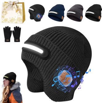 Generic Rechargeable Bluetooth Beanie Hat with Light, TR-BTD3 Smart Bluetooth Beanie with 3-Stage LED Lighting for Winter (Black-b)