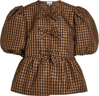 Ganni Crinkled Checked Taffeta Blouse - Dark Brown - 38 (UK10 / S)