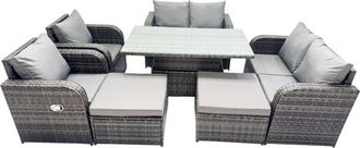 Fimous Fimous 8-seater Patio Height Adjustable Rising Lifting Table Sofa Sets Rattan Garden Furniture Dining Set with 2 Big Footstool Dark Grey Mixed