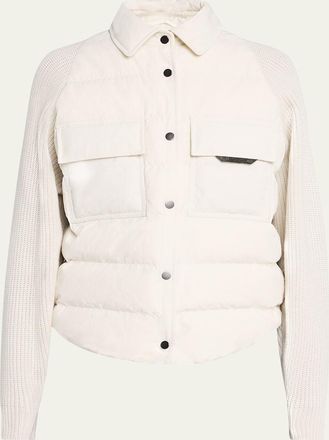 Brunello Cucinelli Knit-Sleeve Techno Crinkled Cotton Padded Jacket