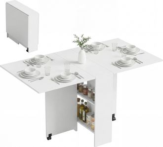 OEM Mesa Plegable De Comedor Con Ruedas Alas Abatibles Y Estantes Para 4-6 Personas 75x140x74 Cm Blanco