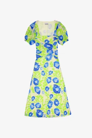 Ganni Blue Printed Mesh Puff Sleeve Midi Dress - Size 2 Recycled Nylon