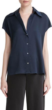 Vince Cap Sleeve Gathered Back Short Sleeve Silk Button-Up Shirt in Coastal at Nordstrom, Size Xx-Small