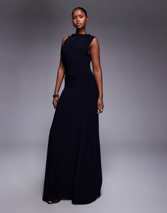 Asos Vestito lungo accollato blu navy con dettagli arricciati sul retro-Marrone