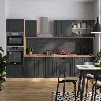 Vicco Mueble De Cocina R-line, Casa De Campo Antracita/roble Dorado, 300 Cm Con Armario Alto, Et Antracita