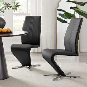 Furniturebox Set of 2 Willow Contemporary Z Shaped Faux Leather Dining Chairs With Silver Chrome Metal Legs in Black