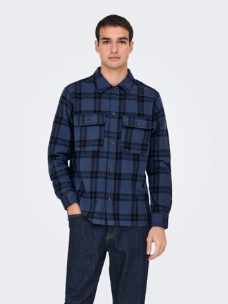 Only & Sons Langarmhemd ONLY & SONS ONSOLIVER TWILL OVERDYE OVERSHIRT BF, Herren, Gr. L, N-Gr, blau (marineblaus checks:schwarz), Web, Obermaterial: 100% Baumwoll