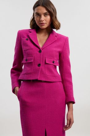 Karen Millen Womens Textured Tweed Cropped Tailored Jacket - Fuchsia Cotton - Size 12 UK
