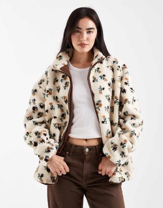 Daisy Street Giacca in pile borg color crema a fiorellini con profili marroni a contrasto e zip-Bianco