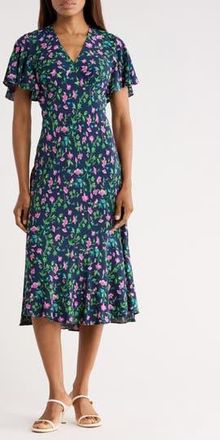 Diane Von F&uuml;rstenberg Cecelia Floral Flutter Sleeve Midi Dress in Healing Plants Navy at Nordstrom Rack, Size 0
