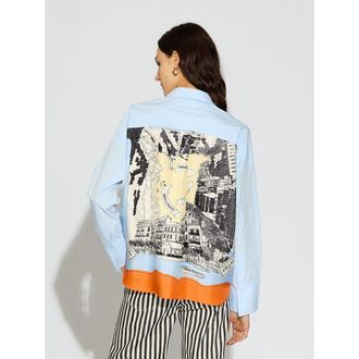 C&acirc;llas Milano Sirene Poplin Shirt with Silk Twill Lake Como Print Scarf Back in Pale Blue at Nordstrom, Size 12