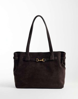 Mango borsa tote in camoscio 100% pelle con dettaglio fibbia, marrone