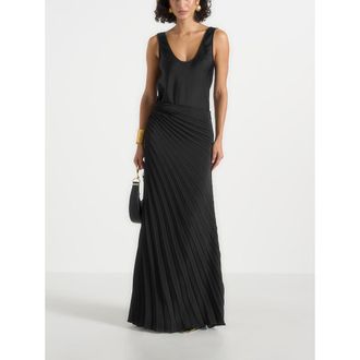 Mani&egrave;re De Voir Fiona Satin Fan Pleat Maxi Skirt in Black at Nordstrom, Size 12