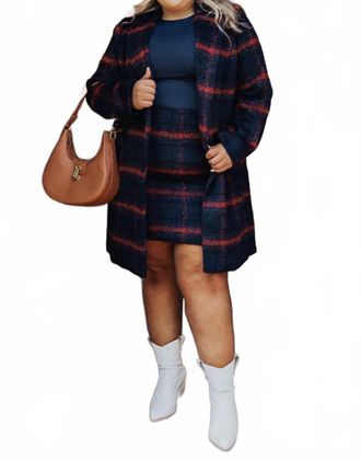 Skies Are Blue Clothing Plaid Long Coat In Navy/orange