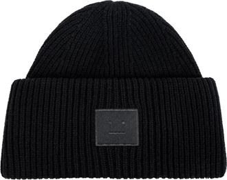 Acne Studios Accessoires, unisex, Zwart, ONE Size, Wol, Large Face Logo Beanie