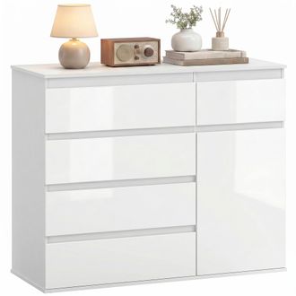 HOMCOM Homcom Aparador Con 5 Cajones, Aparador De Sal&oacute;n Con Estantes Ajustables, Puerta De Cierre Suave, Para Cocina, Entrada, Blanco Brillo, 100x40x80 Cm