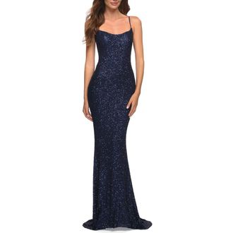 La Femme Lovely Long Soft Sequin Dress with Scoop Neck in Navy at Nordstrom, Size 16