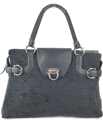 Ferragamo Black Straw Leather Shoulder Bag Tote Bag (Pre-Owned)