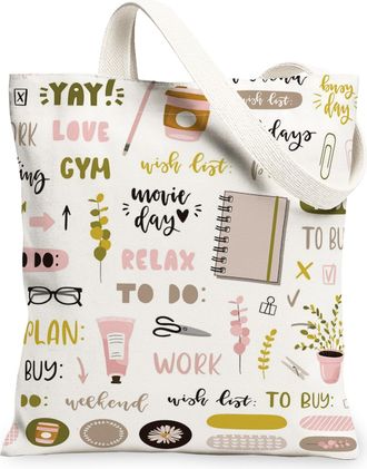 Generic Fanciful Canvas Tote Bags, Floral Plant Pattern Reusable Grocery Bags, Lightweight Washable Shoulder Strap Canvas for Trave, Cream, 13x15 Inch