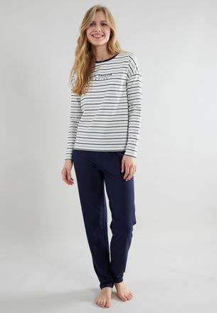 Tom Tailor Pyjama TOM TAILOR Zaria, Damen, Gr. 46 (XXXL), blau, Single Jersey, Obermaterial: 95% Baumwolle, 5% Elasthan, lang, Rundhals, gerader Abschluss, Homew