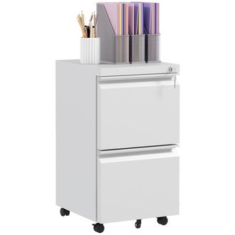 Vinsetto White 2-Drawer Mobile Filing Cabinet on Wheels - Steel Lockable File Cabinet with Adjustable Hanging Bar for Letter - A4 and Legal Size | TJ
