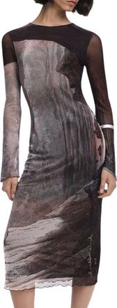 Desigual Midi-jurk met lange mouwen - Dames - Casual kleedjes - Bruin - S - Polyester - Kleedjes
