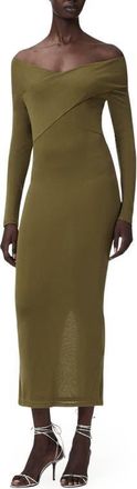 AllSaints Delta Off the Shoulder Long Sleeve Jersey Midi Dress in Khaki Green at Nordstrom, Size 10
