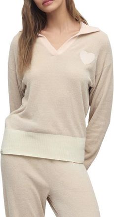 Barefoot Dreams CozyChic Ultra Lite Heart Accent Johnny Collar Lounge Top in Stone Multi at Nordstrom, Size Medium