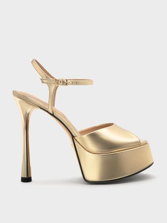 Charles & Keith Francesca Metallic Leather Peep-Toe Platform Heels