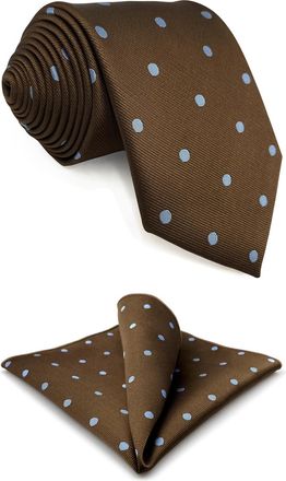 Shlax & Wing Necktie for Men Brown with Blue Dots for Suits Elegant Gift Set with Pocket Square Extra Long 63