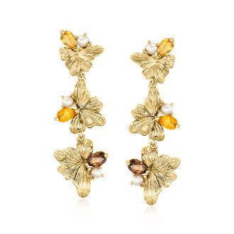 Ross-Simons Citrine and. Smoky Quartz Floral Drop Earrings With 2.5-3mm Cultured Pearls in 18kt Gold Over Sterling