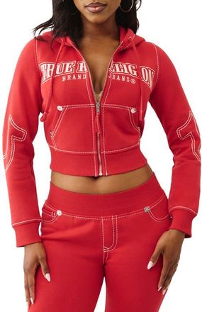 True Religion Shrunken Zip Front Crop Hoodie in Scarlet Sage at Nordstrom, Size Xx-Large