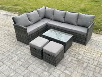 Fimous Rattan Lounge Corner Sofa Set Wicker Outdoor Garden Furniture Set with Rectangular Coffee Table 2 Small Footstools in Dark Grey