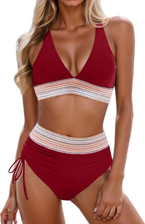 Generic Bikini Set for Women UK, Womens High Waisted Bathing Suit, 2 Piece Tummy Control Swimwear Top Bottoms, Adjustable Straps Swimming Costume Red