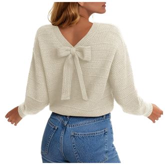 Generic Women Open Back Bow Tied Long Sleeve Pullover Casual Crew Neck Sweaters Fall Winter Trendy Clothes Solid Knitted Pullover Tops for Women UK White
