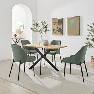 Furniturebox Leonardo Oak Effect Dining Table & 4 Beaumont Green Fabric Chairs in Brown