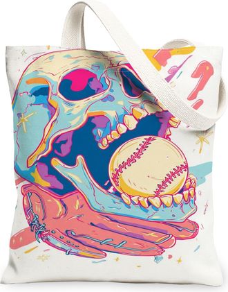 Generic Artistic Skull Canvas Tote Bag, Vintage Baseball Print Reusable Grocery Bags, Lightweight Washable Shoulder Strap Canvas Ba, White, 13x15 Inch