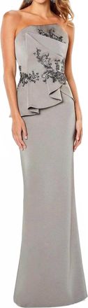 Mon Cheri Montage Strapless Crepe Gown In Taupe