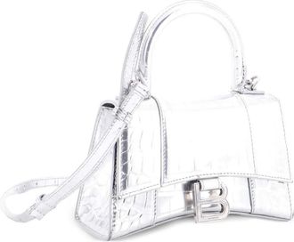 Balenciaga Borsa a tracolla Hourglass XS in pelle goffrata effetto coccodrillo con manico - Argento