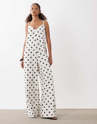 Asos Tuta jumpsuit in morbido denim con fondo ampio e stampa a pois-Multi