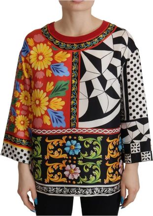 Dolce & Gabbana Silk Barok Bloemdessin Blouse met Ronde Hals - Dames - Longsleeves - Veelkleurig - XS - Tops