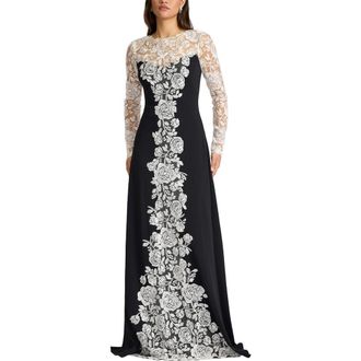 Tadashi Shoji Lace Detail Long Sleeve Crepe Gown in Ivory/Black at Nordstrom, Size 8