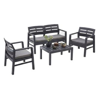 Dmora Sal&oacute;n De Jard&iacute;n Massa, Conjunto De Jard&iacute;n Con 2 Sillones, 1 Sof&aacute; Y 1 Mesa De Centro, Zona De Estar Interior Y Exterior Con Cojines, 100% Made In Italy