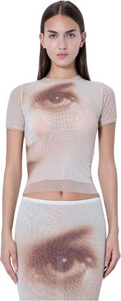Jean Paul Gaultier Mesh T-shirt met Gezichtsprint - Dames - T-shirts - Beige - M - Tops