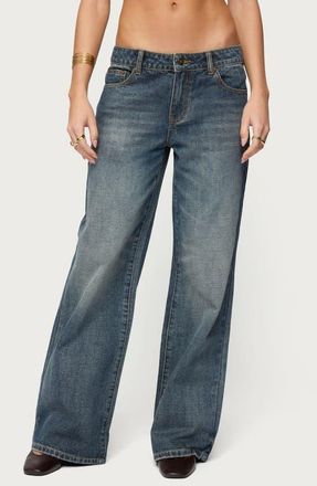 Edikted Della Scarf Waist Low Rise Baggy Wide Leg Jeans in Blue at Nordstrom, Size X-Small