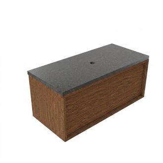 Saniclass Holz Frame Badkamermeubelset - 100x45x43cm - Noche basalten wastafelblad gepolijst (zwart) - zonder kraangat - 1 lade - mat walnut pure (hout)