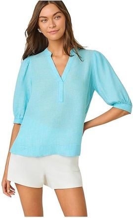 Lilly Pulitzer Mialeigh Elbow Sleeve Linen Top Womens Clothing Capri Blue X Resort White : 16