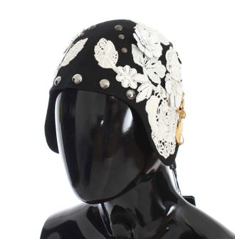 Dolce & Gabbana Black Wool White Floral Gold Leaf Womens Hat