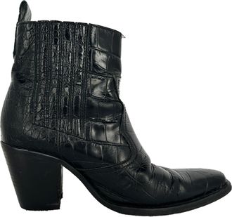 Ganni Ganni Croc-Effect Western Ankle Boots in Black Leather